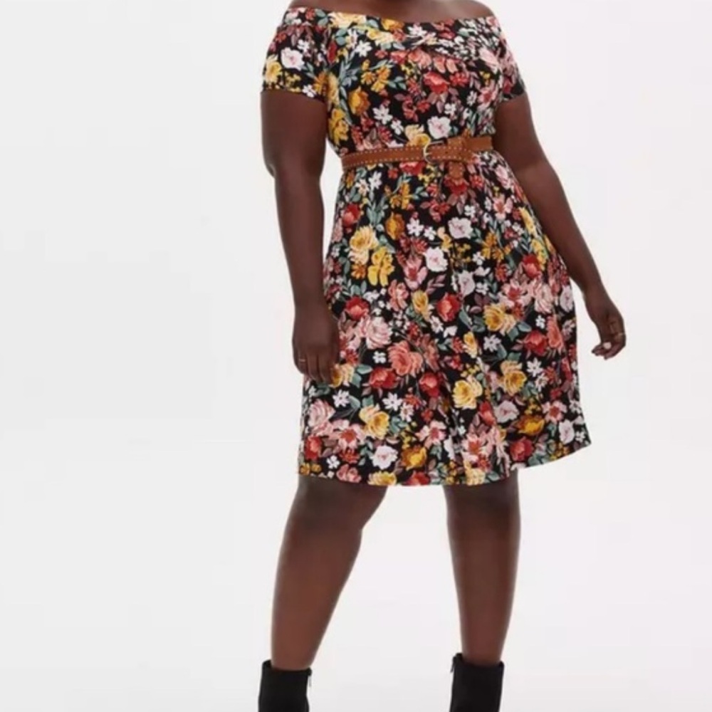 Torrid Fall Floral Mini Studio Luxe Ponte Off-Shoulder Skater Dress-Size 4x